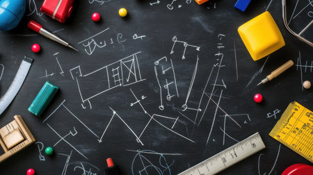 Physics equations written on a chalkboard with magnets, rulers, and models on the deskの素材