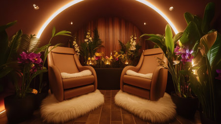 Pedicure chairs with fluffy footrests, fresh flower decorations, and ambient lighting in a modern spaの素材