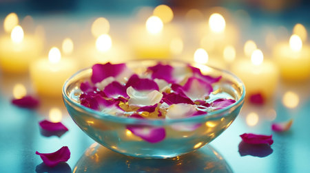 Relaxing spa atmosphere with floating flower petals in a bowl, surrounded by soft candlelightの素材