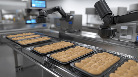 Robotic arms handling baking trays in synchronized motion inside sterile bakery setup.の素材