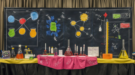 School science fair display board with diagrams, labeled parts, and sample project setupの素材