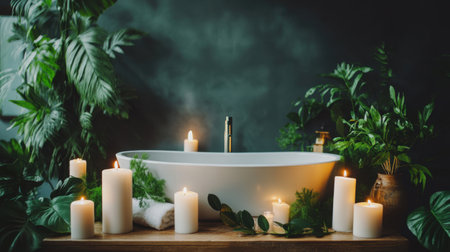 Soaking tub surrounded by candles, greenery, and natural wood elements for a tranquil spa experienceの素材