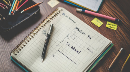 Simple desk setup with an open planner, pencil case, sticky notes, and a Back to School signの素材