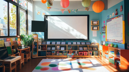 Smart classroom setup with projector, digital screen, whiteboard, and stack of Chromebooksの素材