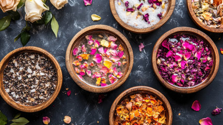 Shared foot soak bowls arranged with warm water, rose petals, and essential oils for group useの素材