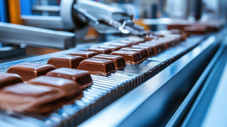 Snack bars moving along robotic line for chocolate coating and cooling.の素材