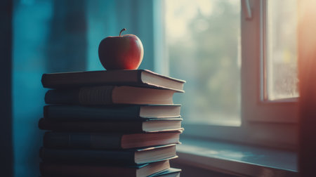 Stacked textbooks with apple on top, chalkboard in the background and soft light from windowの素材