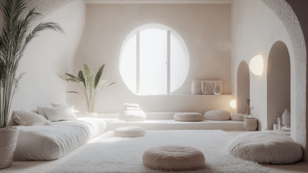 Spa lounge with soft cushions, calming color palette, indoor plants and diffused lightingの素材