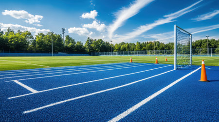 Sports field with soccer goalpost, cones, and track lines freshly painted under a blue skyの素材