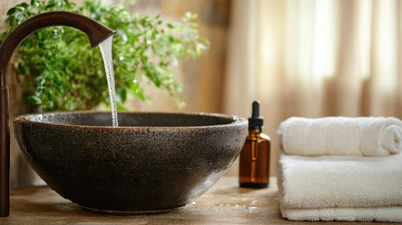Stone basin with warm water and essential oils for hand soak beside fresh towelsの素材