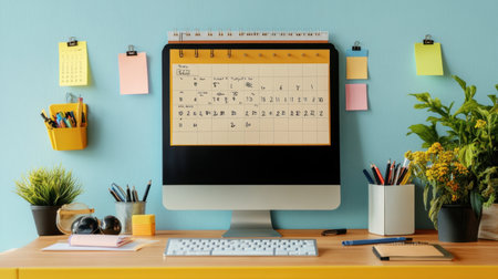 Study desk with motivational sticky notes, color-coded calendar, and essential suppliesの素材
