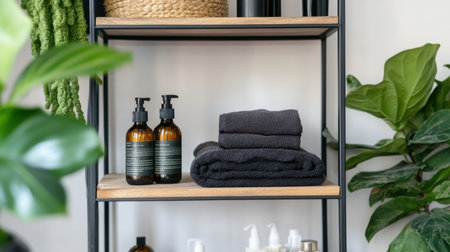 Spa wellness shelf featuring skincare serums, body lotion, and soft washclothsの素材