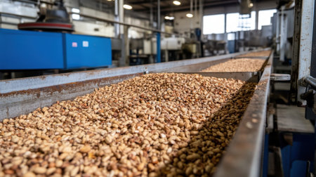 Stainless steel production zone showing peanut sorting and shelling equipment.の素材