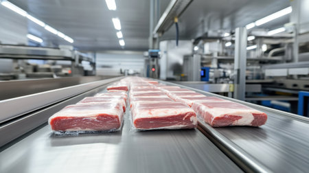 Sterile environment in modern food plant showing conveyor with freshly sealed meat packages.の素材