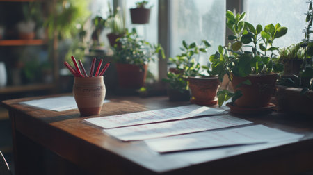 Stack of test papers with red pen corrections and grade markings on a teacher's deskの素材