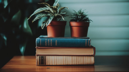 Study shelf with stacked textbooks, plant pots, and inspirational desk decor in a minimal setupの素材