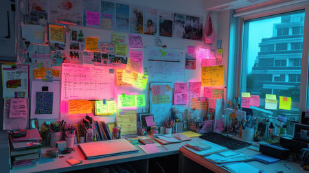 Study wall with motivational posters, sticky notes, and a calendar tracking study goalsの素材