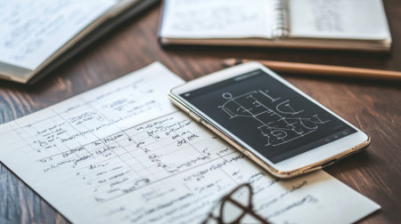 Tablet showing periodic table app beside handwritten notes and reference materialsの素材