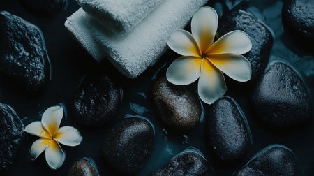 Top-down photo of spa setup featuring rolled towels, hot stones, and plumeria flowersの素材
