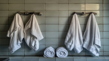 Trio of bathrobes laid out beside slippers and towel rolls in a calming spa hallwayの素材