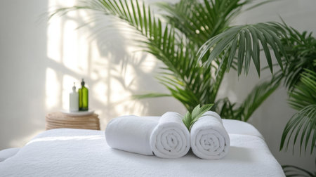Warm spa atmosphere with massage table, towel rolls, and aromatherapy setup in neutral tonesの素材