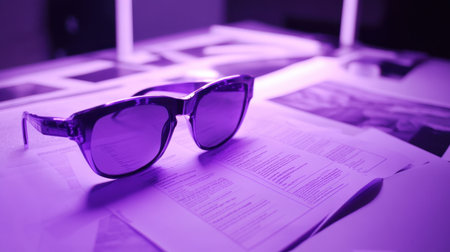 UV light experiment with glowing materials and scientific data sheet under blacklightの素材