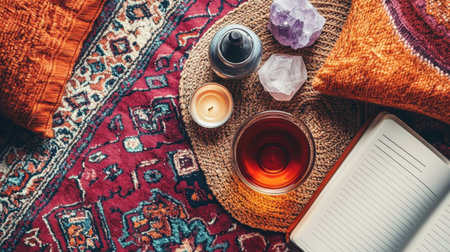 Top view of wellness items herbal tea, journal, candle, and crystals arranged on a cozy rugの素材