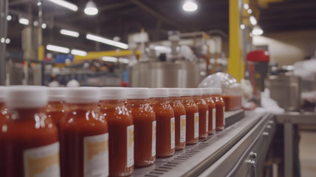 Wide shot of bottled sauces being capped and labeled in high-speed production environment.の素材