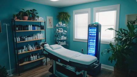 Treatment room with adjustable spa bed, light therapy machine, and shelves of organic productsの素材