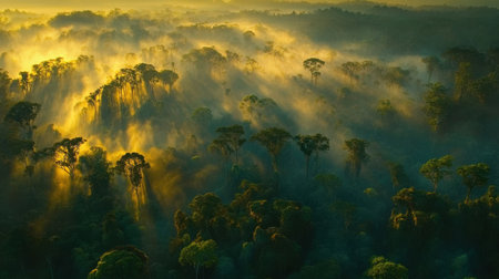 Wide shot of ancient forest with dense, tall trees glowing in golden hour light, with soft mist rising from the undergrowthの素材