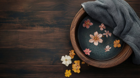 Wooden bowl filled with warm water, floating petals, and spa oils for a detox foot soakの素材