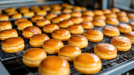Tray of uniform pastries entering industrial oven through automated baking system.の素材