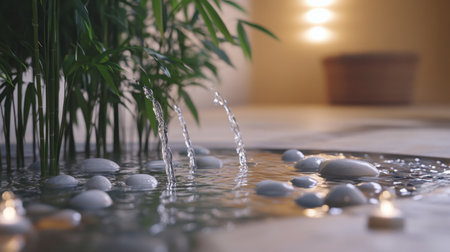 Zen-inspired spa space with a water fountain, pebbles, and bamboo plants for relaxationの素材