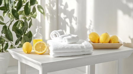 Wellness retreat essentials with towels, lemon water, and natural oils placed on a spa benchの素材