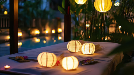 Tranquil spa setup with glowing lanterns, plants, and silk sheets covering massage tableの素材