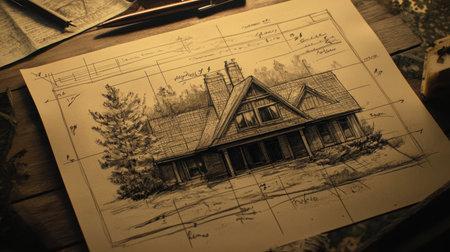 Aerial view of architecture drafts showing building structure and room measurementsの素材