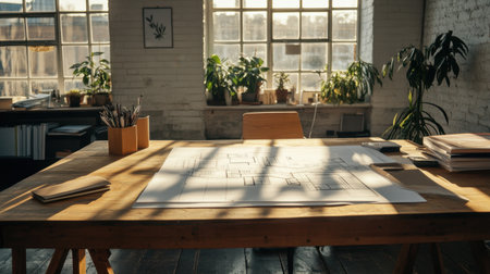 A bright, organized architecture studio desk with a large house floor plan pinned to a drawing boardの素材
