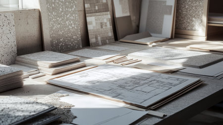 Architect workspace with printed floor plans, material samples, and drafting pencils in orderの素材