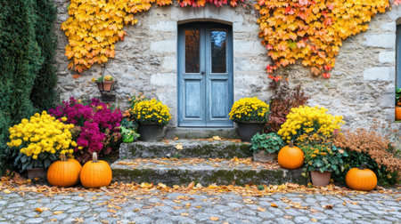 Autumn garden in front of a rustic home, with pumpkins, mums, and golden leavesの素材
