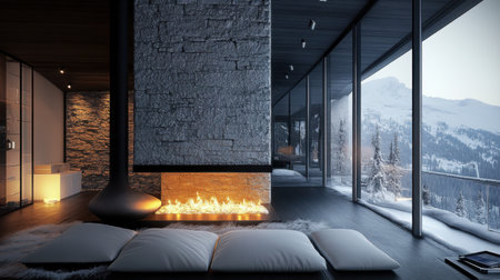 Artistic modern fireplace feature with textured wall, soft seating, and cozy atmosphereの素材