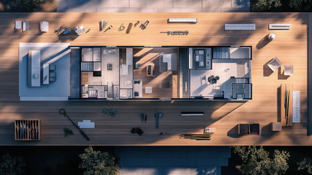 A modern house floor plan laid out on a wooden architects desk with measuring tools, pencils, and a ruler arranged neatly around itの素材