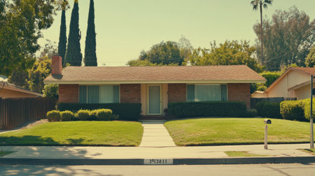 Brick one-story house with a fenced yard, mature trees, and concrete pathway leading to the front doorの素材
