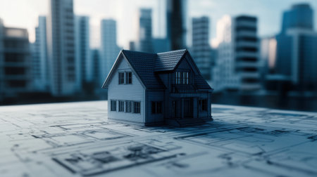 Blueprint scene with monochrome house layout and CAD software sketches in backgroundの素材