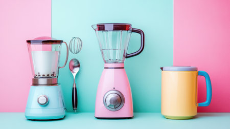 Collection of vibrant, modern kitchen appliances, including a blender, toaster, and coffee maker, on a pastel-colored backdropの素材