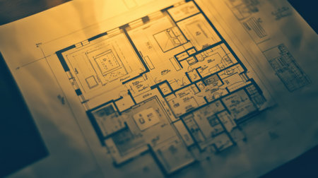 Detailed house floor plan print with annotations and scale indicators on beige drafting paperの素材