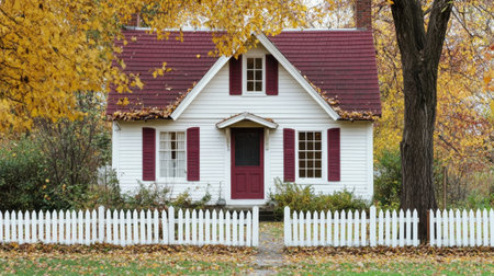 Classic American single story home with brick facade and white trim surrounded by autumn leavesの素材