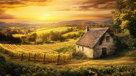Countryside stone house with vineyard and rolling hills at sunsetの素材