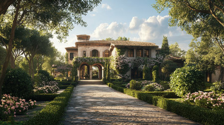 Elegant home with a blooming front garden, trimmed bushes, and a cobblestone pathの素材