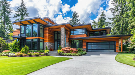 Front view of a modern single story house with a manicured lawn, clean driveway, and large windows under a bright skyの素材