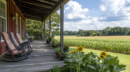 Long front porch of a rural house overlooking a field of tall corn and sunflowersの素材
